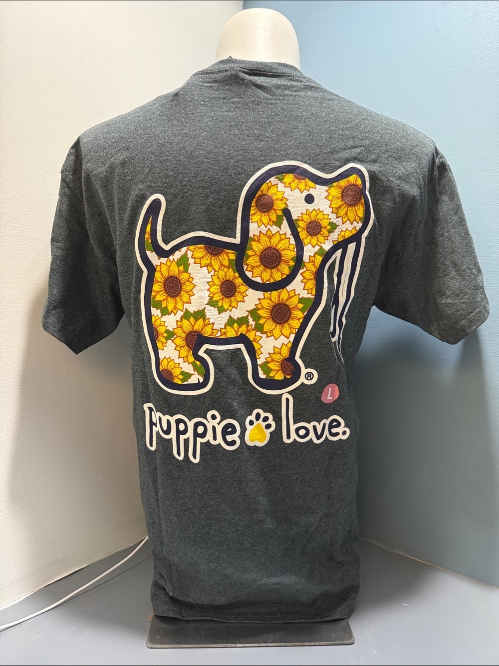 Charcoal Short-Sleeve Tee with Sunflower Puppy Graphic